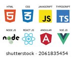 vector collection of web development shield signs: html5, css3, javascript, react js, angular,vue js and node js.