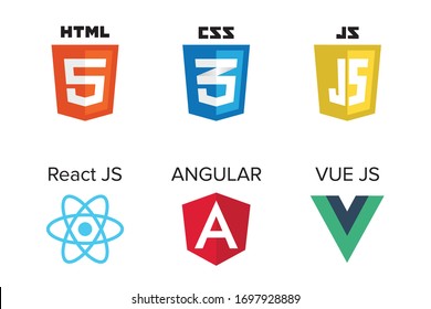 vector collection of web development shield signs: html5, css3, javascript, react js, angular and vue js.