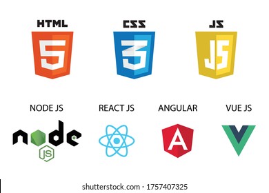 vector collection of web development shield signs: html5, css3, javascript, react js, angular,vue js and node js.