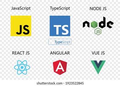 Vector Collection Of Web Development Shield Signs : Javascript, Typescript, React Js, Angular,vue Js And Node Js.