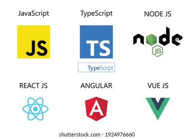 Vector Collection Of Web Development Shield Signs : Javascript, Typescript, React Js, Angular,vue Js And Node Js.