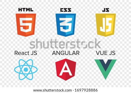 vector collection of web development shield signs: html5, css3, javascript, react js, angular and vue js.