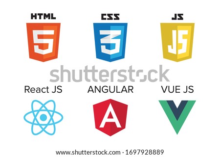 vector collection of web development shield signs: html5, css3, javascript, react js, angular and vue js.