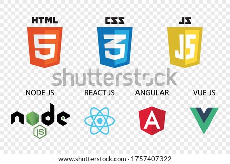 vector collection of web development shield signs: html5, css3, javascript, react js, angular,vue js and node js.