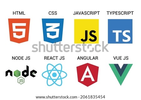 vector collection of web development shield signs: html5, css3, javascript, react js, angular,vue js and node js.