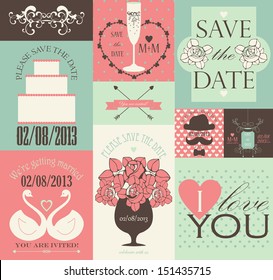 Vector collection of wedding cards. Decorative design elements for wedding card or invitation. 