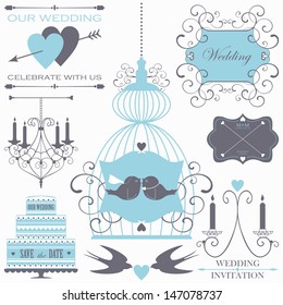 Vector collection of wedding design elements  with decorative wedding cake, flowers, candles and birds.