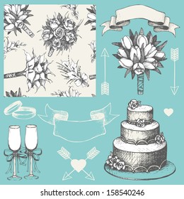 Vector collection of wedding design elements on turquoise background. Hand drawn wedding decoration. Seamless floral pattern