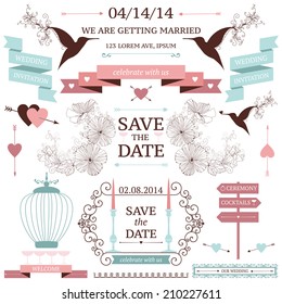 Vector collection of wedding design elements - hamming birds, cages, hibiscus flowers and decorative ribbons. Decorative set of holiday icons isolated on white.