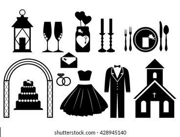 Vector Collection of Wedding Icons and Silhouettes. Outdoor Wedding elements.