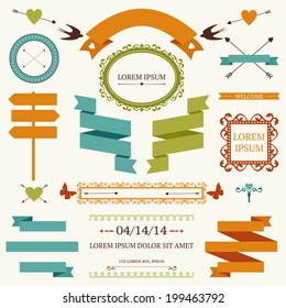 Vector collection of wedding or valentine's day objects and signs. Set of holiday decoration elements