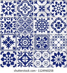 vector collection of   white and blue bmosaic tiles in oriental style