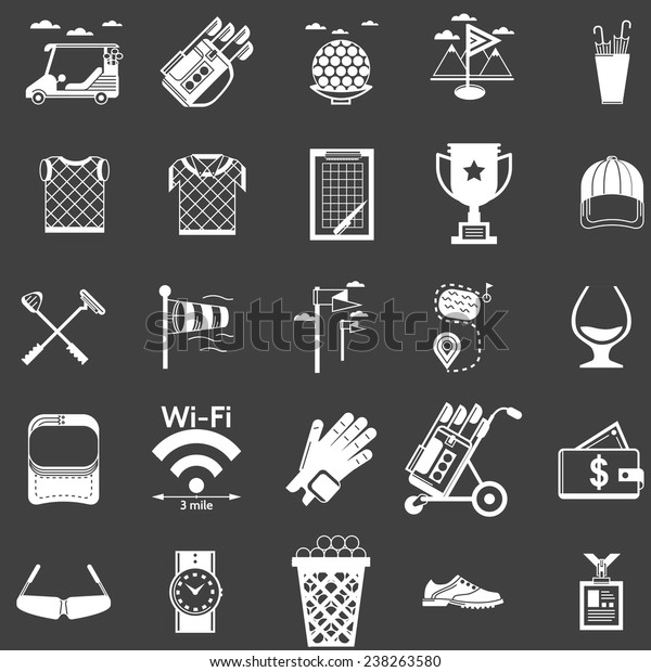 Vector collection of\
white icons for golf. White silhouette icons vector set for golf on\
black background.