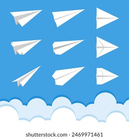 Vector Collection of White Paper Plane Icons. Illustration of Paper Plane in Blue Sky.