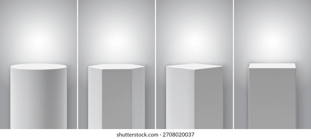 Vector collection of white pedestals or platforms of different shape for product presentation. Realistic and minimalist mockup or template