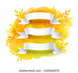 Vector collection of white ribbon banners on autumn leaves grunge watercolor stain background.