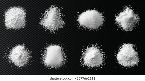 vector collection of white sea bath salt textures: fine grains, coarse crystals, and scattered piles. High-quality on black background, perfect for spa, wellness, beauty, and design projects. Pure and