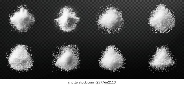 vector collection of white sea bath salt textures: fine grains, coarse crystals, and scattered piles. High-quality on black background, perfect for spa, wellness, beauty, and design projects. Pure and