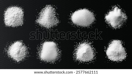 vector collection of white sea bath salt textures: fine grains, coarse crystals, and scattered piles. High-quality on black background, perfect for spa, wellness, beauty, and design projects. Pure and