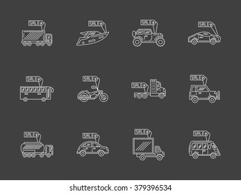 Vector collection of white thin line style icons for car business on black background. Sale and rent vehicles. Cars with price tags. Elements of web design for business, website and mobile.
