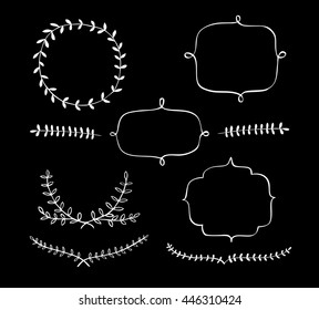Vector collection of white wreaths, laurels and frames. Hand Drawn design elements. 