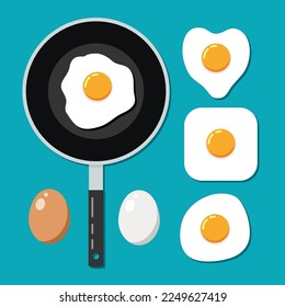 vector collection of whole eggs, fried eggs and frying pan isolated on blue background. chicken egg icons