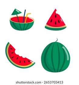 Vector collection of whole watermelon, juicy slices, and refreshing watermelon cocktail in fruit shell with straws and umbrella.

