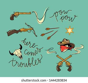 Vector collection. Wild west clip-art design. Set of elements in american retro style.