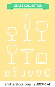Vector collection of wine glasses and drink shots on champagne background. Flat icons.