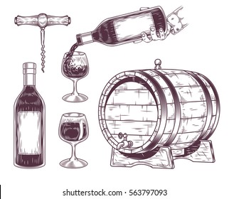 Vector collection of wine icons - bottle, glass, wooden barrel, corkscrew. Engraving style