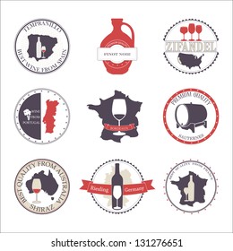 Vector collection of Wine Labels from different countries . Vector set with decorative elements - glasses for white wine, grapes, bottle, grapes, maps.