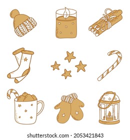 Vector collection of winter cozy element for your design. Hut, candle, cinnamon, socks, stars, candy, cup, mittens, lantern