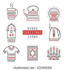 Vector collection of winter cozy things with geometric patterns. Candlestick, teapot, snow globe, sweater, plaid, knitted mug, house. Thin line icons.