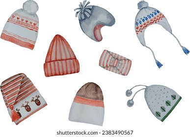 Colección vectorial de sombreros de invierno de diferentes estilos y colores, de punto, cálido, de moda y de estilo, vacaciones de Navidad, aislados en fondo blanco, dibujo acuarela