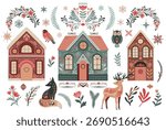 Vector collection with winter houses, forest animals, trees, snowflakes, decorative elements. Set of Christmas elements.