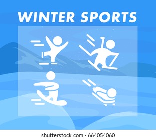 Vector collection of winter sport flat icons isolated on blue colored winter mountain and snow landscape. Snowboard, figure skating, skeleton and biathlon athletes silhouettes set. White color.
