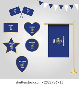 vector collection of Wisconsin State of Usa emblems and icons in different shapes