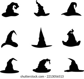 A vector collection of witch hats trees for artwork compositions.