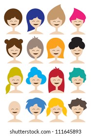 Vector collection of a woman in different hairstyle.