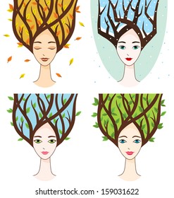 Vector collection of woman face with symbols of seasons: autumn, winter, spring, summer.