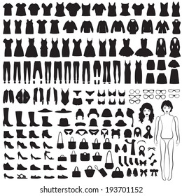 vector collection of woman fashion icons, paper doll, isolated clothing silhouette