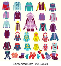 vector collection of woman and man winter clothes - illustration