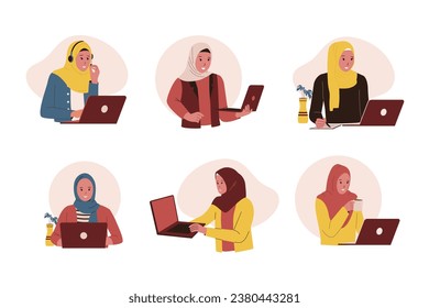 Colección de vectores de mujeres musulmanas usando laptop. ilustración plana vectorial