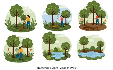 Vector collection: Woman planting and nurturing trees in various natural settings. Promotes environmental care, conservation, and a greener planet. Ideal for eco-campaigns and Earth Day.
