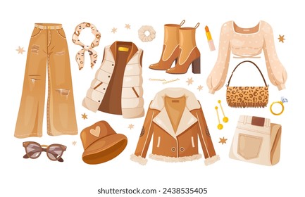 Vector collection of women fashionable clothes and accessories.