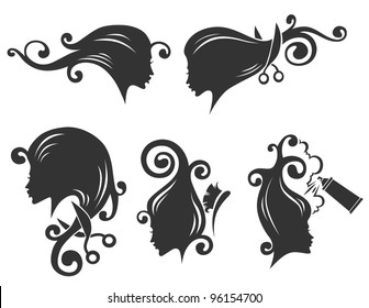 vector collection of women' head silhouettes and hairdresser equipment