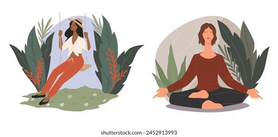 A vector collection of women in leisure activities, surrounded by plants, isolated on white.
