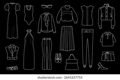 Coleção vetorial de roupas e acessórios de moda feminina em contorno branco sobre fundo preto. Inclui elementos de vestuário moderno como vestidos, saias, tops, sapatos, bolsas e óculos