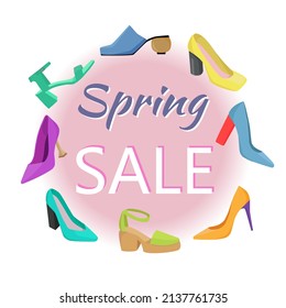 Vector collection of women's shoes, spring sale banner. High-heeled shoes, sandals, mules, loafers.