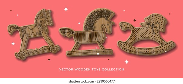 Vector collection of wooden toys rocking horses